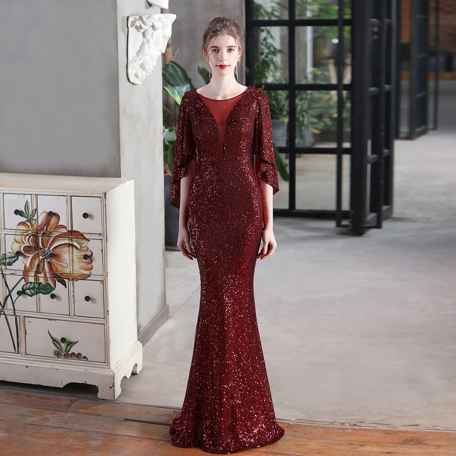 Angel wings sequined fishtail banquet elegant temperament annual meeting host car model party dress female summer