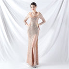 New craft ostrich hair long-sleeved bead evening dress