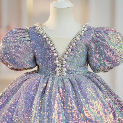 Elegant Baby Girls Purple Puff Sleeve Pearl Collar Puff Princess Dress Toddler Party Dresses