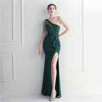 Craft beaded mesh yarn perspective split fork European and American sexy dress long