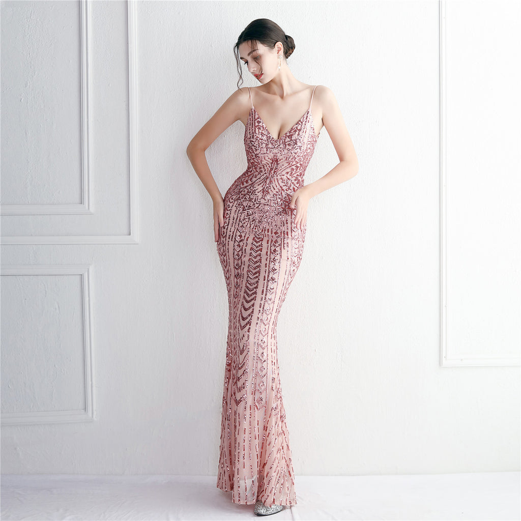 Positioning flower suspender party sequined dress long banquet slim evening dress temperament fishtail skirt