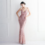 Positioning flower suspender party sequined dress long banquet slim evening dress temperament fishtail skirt