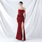 Court fishbone vest waist handmade ostrich plush bottom beads high-end evening dress