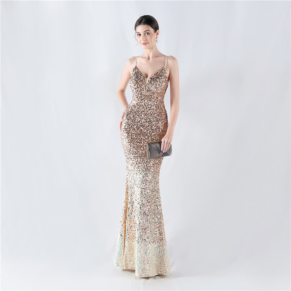 New fleece bottom gradual change bead sexy suspender evening dress