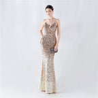 New fleece bottom gradual change bead sexy suspender evening dress