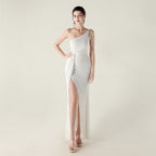 New one-shoulder diagonal collar sequined dress, bead chain decoration, nightclub banquet wedding
