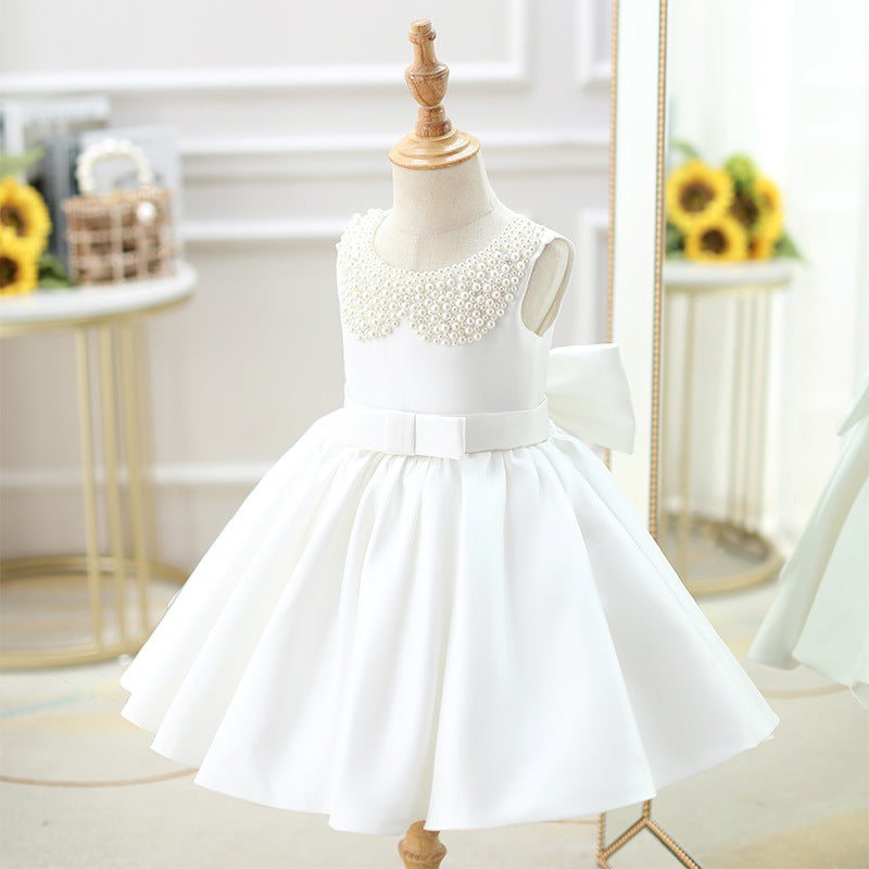 Kommunionkleid für Kleinkinder, Prinzessinnenkleid für Mädchen, weißes Blumenmädchenkleid mit Perlenkragen 