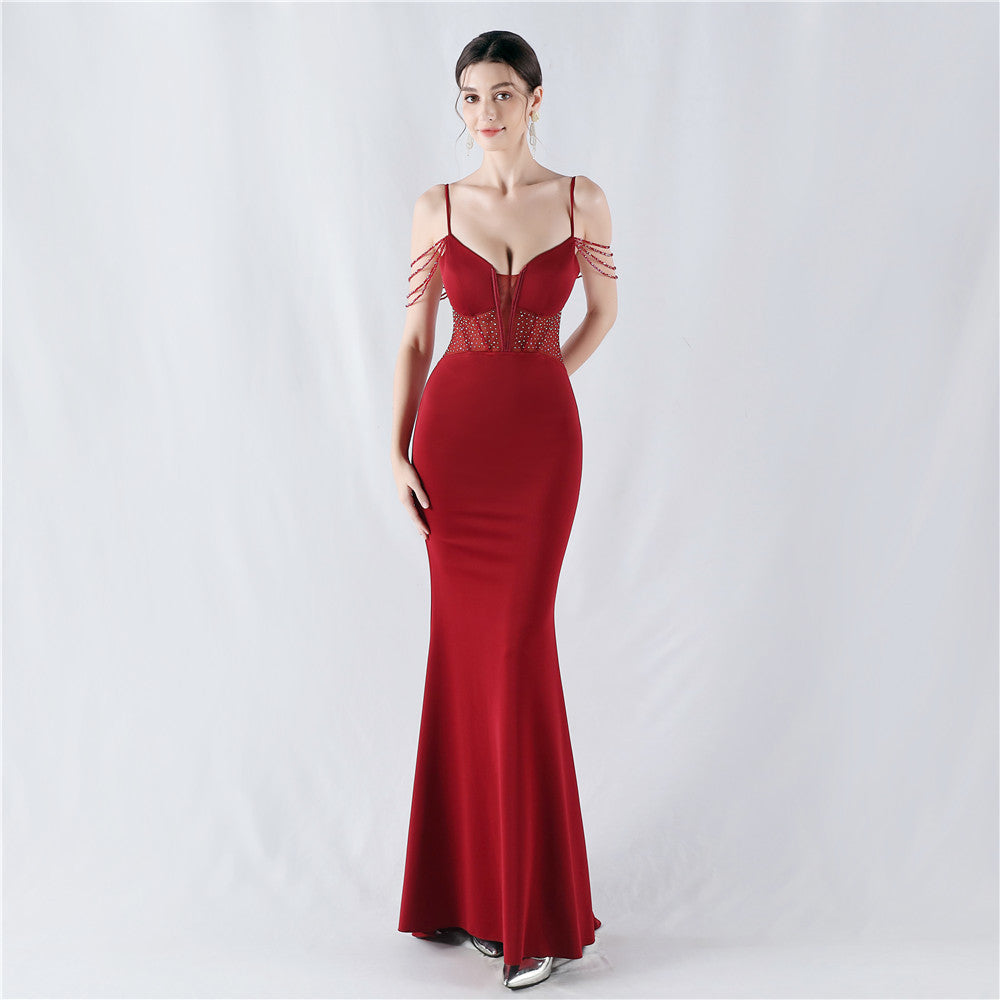 Evening dress waist fish bone beads hot diamond banquet performance host evening dress