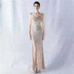 Heavy industry beaded hair single shoulder diagonal collar high fork sequined dinner dress