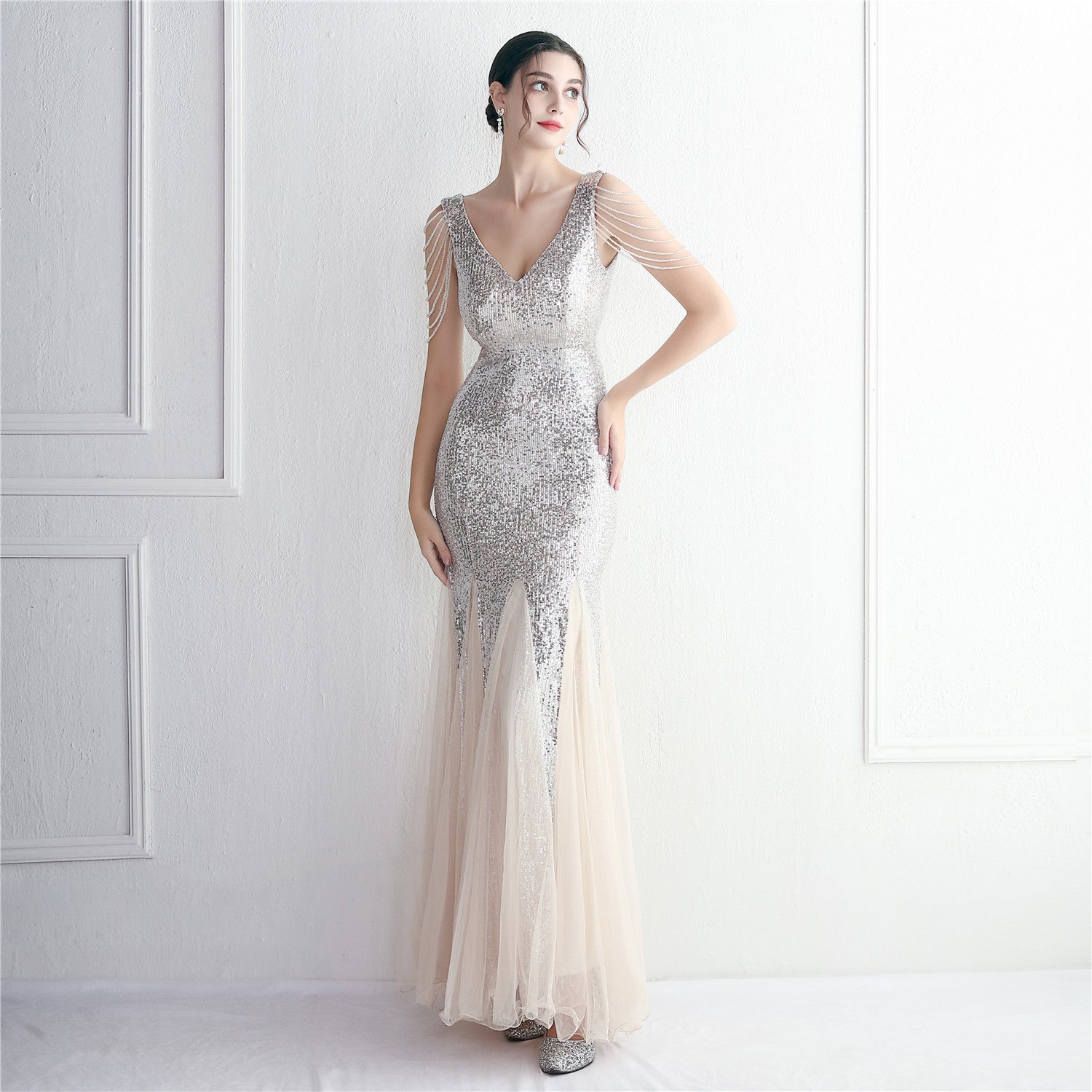 Bead mesh yarn craft bead ordering evening dress long style banquet slim evening dress temperament elegant long style