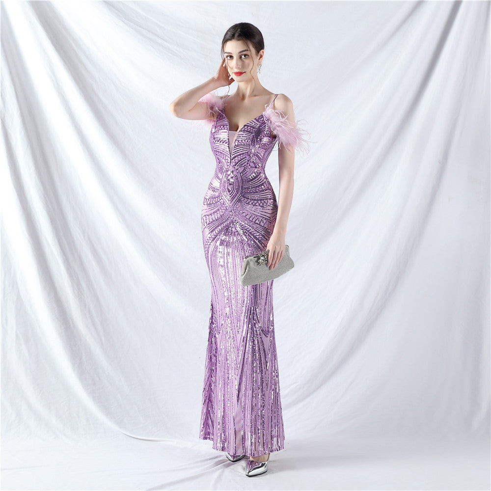 new dress craft order ostrich hair positioning flower bead piece evening dress