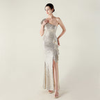 New single shoulder ruffle pendant bead chain handmade sequined evening dress, banquet party wedding