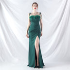 New double-tied waist-shaped ear-adjusted satin evening dress
