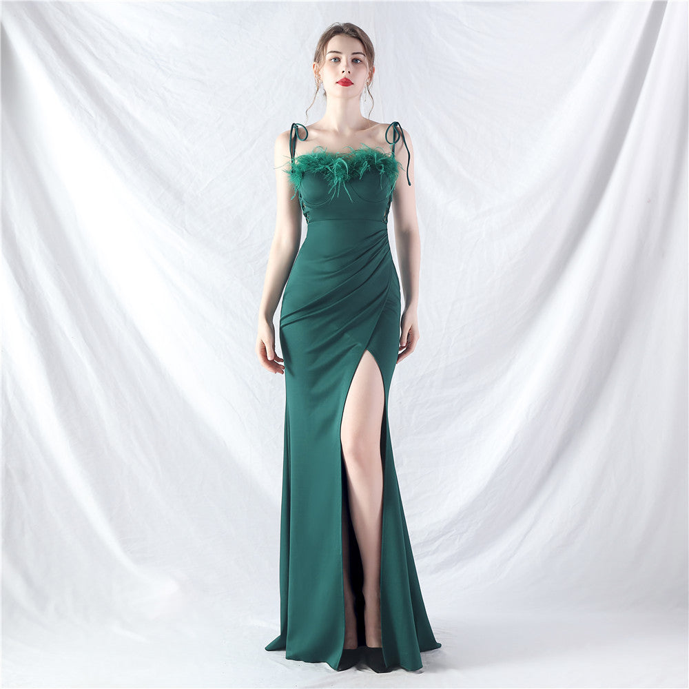 New double-tied waist-shaped ear-adjusted satin evening dress