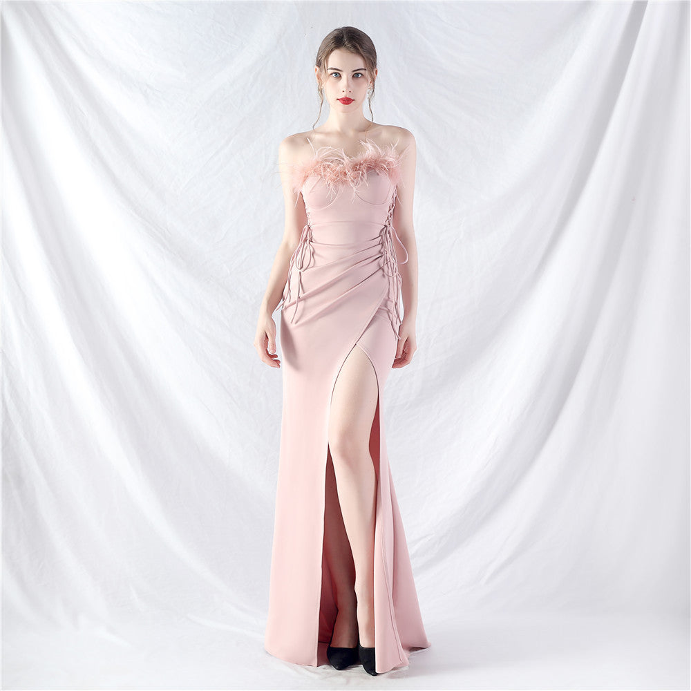 New double-tied waist-shaped ear-adjusted satin evening dress