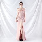 New double-tied waist-shaped ear-adjusted satin evening dress