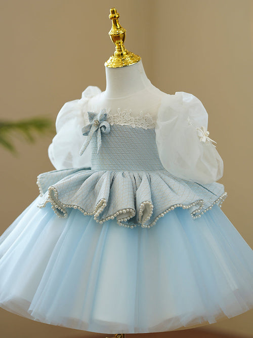 Vestido de primera comunión para niña, estilo princesa, con mangas abullonadas y cuentas, para fiesta de cumpleaños. 