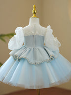 Kommunionkleid für Mädchen, Prinzessinnenkleid mit Puffärmeln, Perlenbesatz, flauschig, Geburtstagskleid 