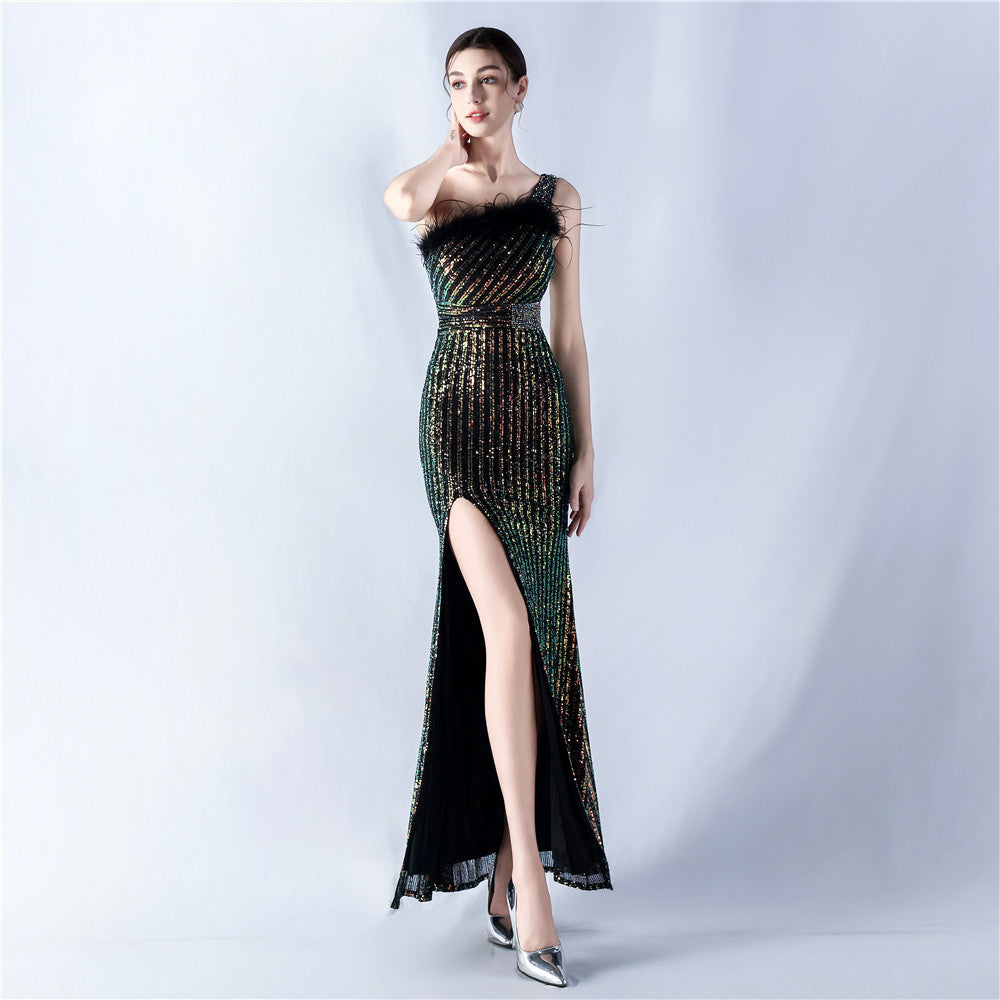 Heavy industry beaded hair single shoulder diagonal collar high fork sequined dinner dress
