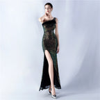 Heavy industry beaded hair single shoulder diagonal collar high fork sequined dinner dress