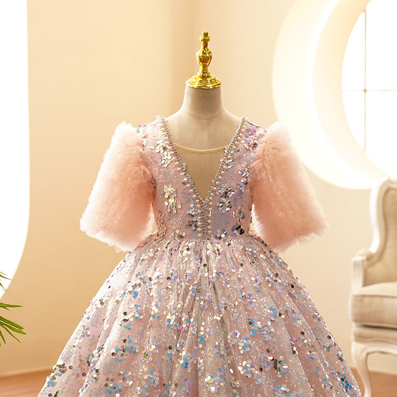 Kommunionkleid für Kleinkinder, Mädchen, Plüschärmel, rosa Pailletten, flauschiges Prinzessinnenkleid 