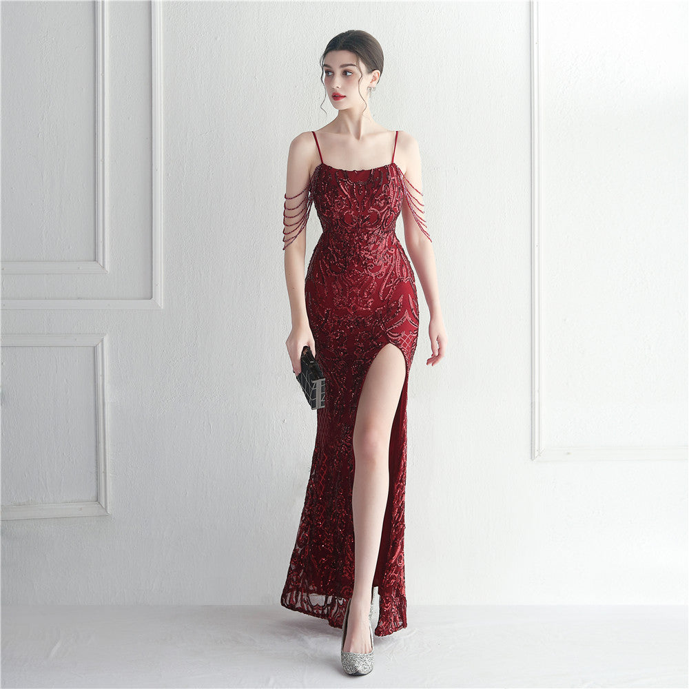 Positioning flower bead slice bead craft foreign trade sexy dress long