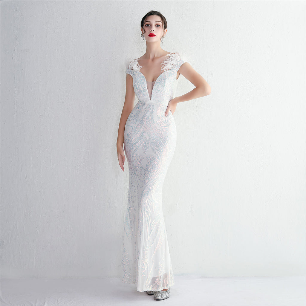 High density three-dimensional strong bead positioning flower craft handmade hair banquet slim sexy evening dress