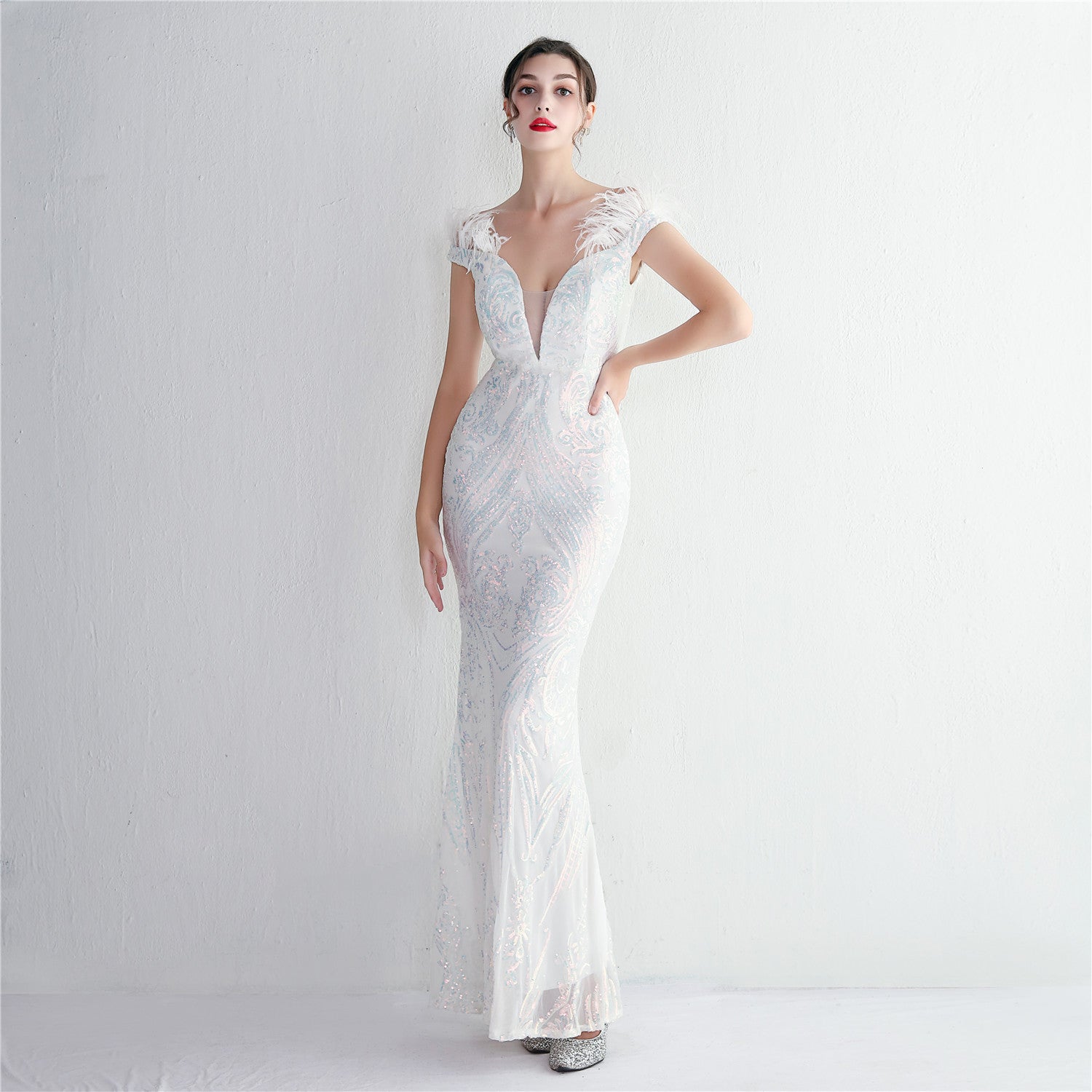High density three-dimensional strong bead positioning flower craft handmade hair banquet slim sexy evening dress