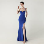 New evening dress fish bone waist lace beads slim formal dinner wedding fishtail evening dress