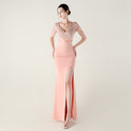 New folding positioning process bead chain shoulder decoration deep V hollow thin banquet evening dress