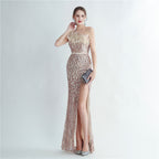 Heavy industry ostrich hair craft bead bundle hair slant shoulder side split high-end evening dress