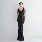 Positioning flower beaded evening dress long banquet slim evening dress temperament elegant long sequins