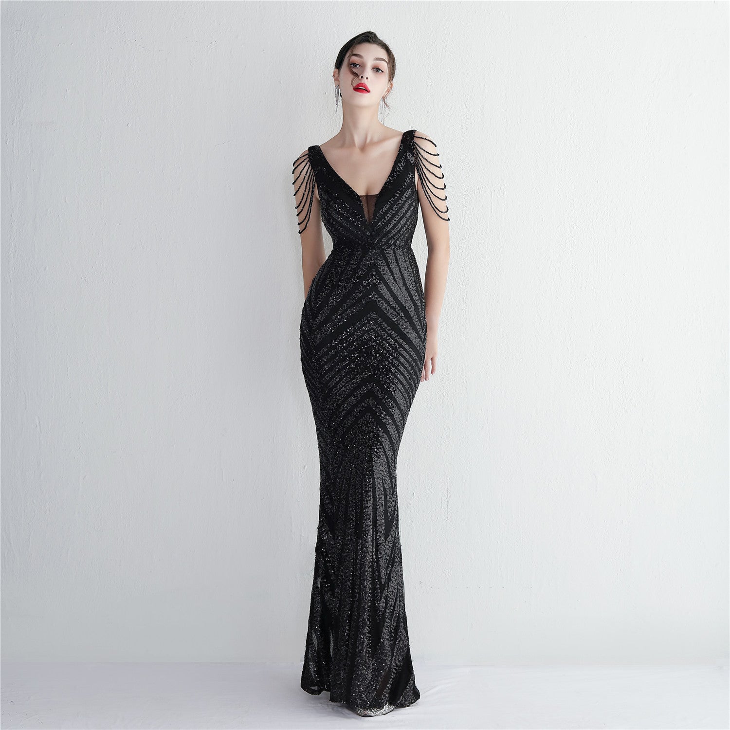Positioning flower beaded evening dress long banquet slim evening dress temperament elegant long sequins