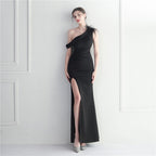 Ostrich hair decorative slanted shoulder collar split fork European and American sexy dress evening dress