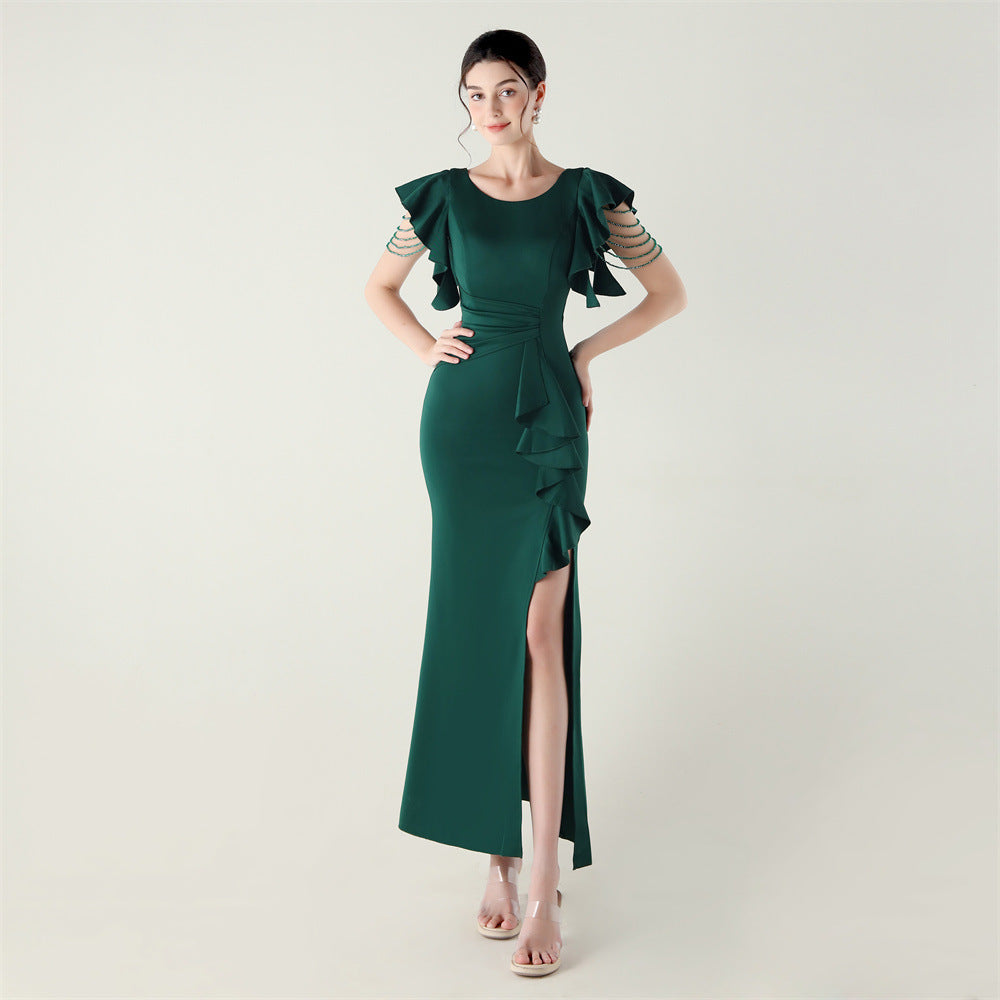 Heavy Industry Bead Tube Satin Evening Dress Deep V Lotus Leaf Pendant Bead Chain Bead Ordering Banquet Skirt