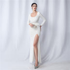New craft nailed ostrich bead long-sleeved evening dress