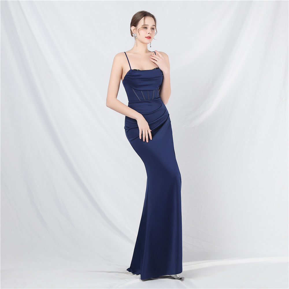 Court fish bone vest waist heavy industry craftsmanship beaded tube top sling high-end evening dress