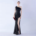 Dress new craft beaded ostrich hair oblique collar shoulder high-end evening dress