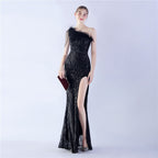 Dress new craft beaded ostrich hair oblique collar shoulder high-end evening dress