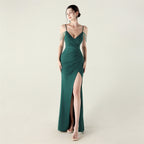 New satin suspender evening dress bead chain decoration slim and thin, banquet red carpet