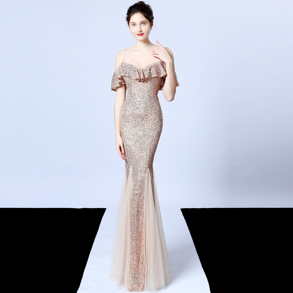 Polyester thread, fringed beads, fishtail banquet, elegant temperament, annual meeting host, car model party dress, female autumn