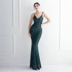 Positioning flower suspender party sequined dress long banquet slim evening dress temperament fishtail skirt