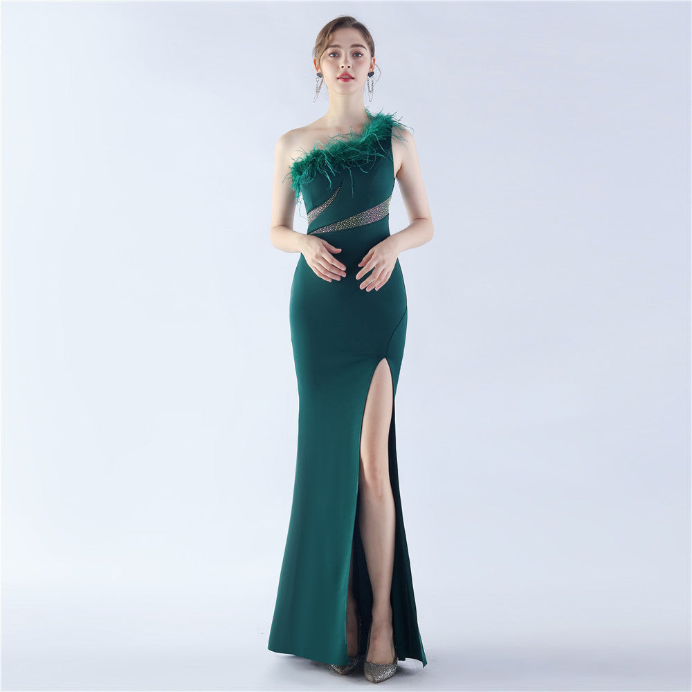 New shoulder craft order ostrich hair hot diamond high-end evening dress