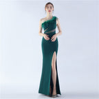 New shoulder craft order ostrich hair hot diamond high-end evening dress
