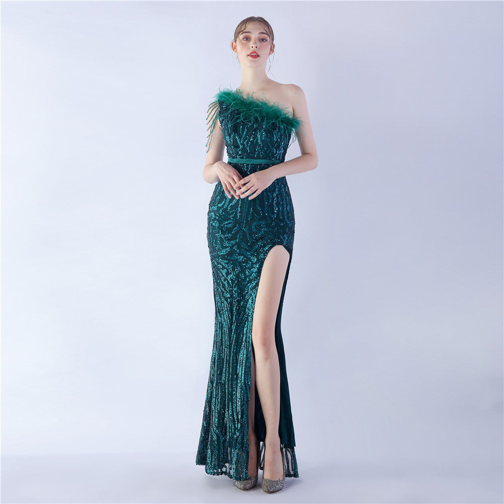 Dress new craft beaded ostrich hair oblique collar shoulder high-end evening dress