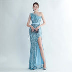 Heavy industry ostrich hair craft bead bundle hair slant shoulder side split high-end evening dress