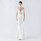 Evening dress waist fish bone beads hot diamond banquet performance host evening dress