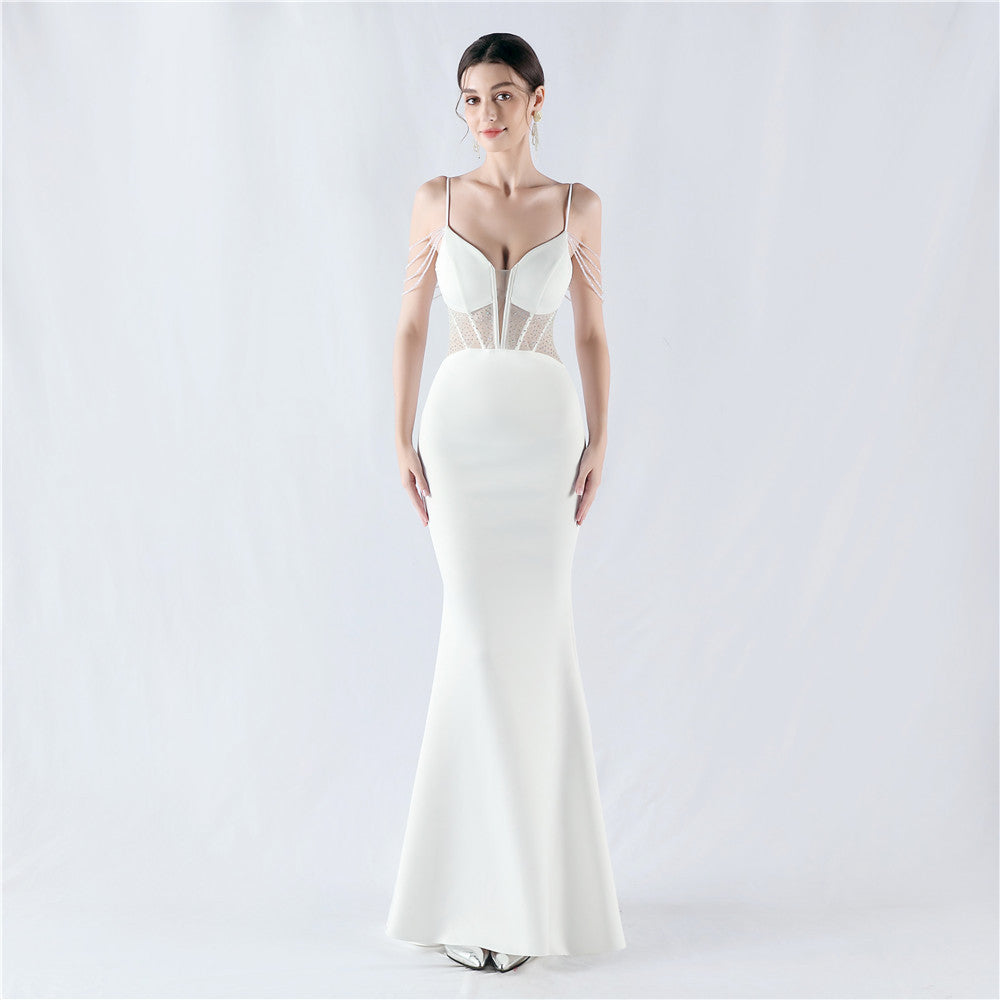 Evening dress waist fish bone beads hot diamond banquet performance host evening dress
