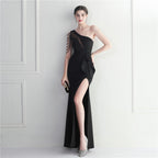 Craft beaded mesh yarn perspective split fork European and American sexy dress long