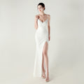 New satin suspender evening dress bead chain decoration slim and thin, banquet red carpet